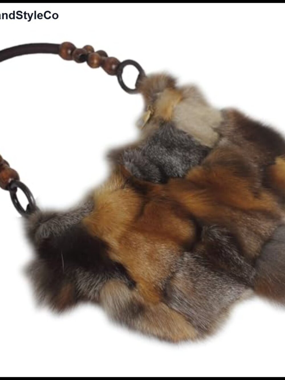 Bohemian Fox Fur Clutch with Wooden Bead Chain Soft Flexible 11 Inch Handbag